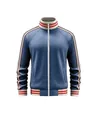 Detailed view of blue men's athletic zip-up jacket with red and white striped ribbing - Denim Blue