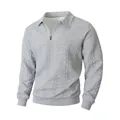 Light grey men's long-sleeve half-zip polo shirt with cable and diamond jacquard pattern - S / Tops / Patchwork Grey