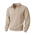 Men's khaki casual jacquard half-zip long sleeve polo shirt with textured patterns. - Spliced Khaki