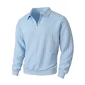 Men's light blue long sleeve polo with half-zip and cable knit textured pattern. - Patchwork Light Blue