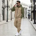 Stylish men's two-tone fleece hooded tracksuit featuring khaki cargo pants and jacket - S / Top And Bottom / Khaki