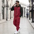 Full view of men's red and black fleece tracksuit set featuring stylish cargo pockets - S / Top And Bottom / Dark Red