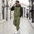 Casual men's olive green and black fleece tracksuit with functional cargo pockets - S / Top And Bottom / Army Green