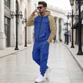 Premium men's blue and khaki fleece hooded tracksuit with multi-pocket cargo pants - S / Top And Bottom / Blue