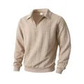 Men's beige jacquard half-zip polo shirt with a stylish cable-knit texture pattern - Khaki