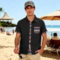 Stylish men's black short-sleeve casual beach shirt with colorful Bohemian stripe details. - S / Tops / Black