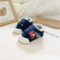 Navy blue baby walker shoes with cartoon truck embroidery and soft white soles. - Size 13.0 Inner Length 13cm / Dark Blue