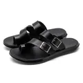 Black PU leather men's toe-ring sandals with adjustable buckles for outdoor beach wear - 38 / Black