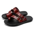 Stylish men's brown PU leather toe-loop sandals with double adjustable buckle straps - 38 / Burgundy