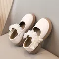 Cream children's Mary Jane leather shoes with lace and pearl bow details - 26 / Beige