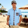 Men's light blue Bohemian stripe beach shirt variant for summer casual wear. - S / Tops / Light Blue