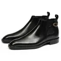 Elegant men's black genuine leather Chelsea boots with gold buckle and warm lining - 37 / Fleece-lined / Black