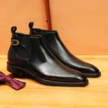 Classic black leather Chelsea boots for men with side buckle detail and warm lining - 37 / Fleece-lined / Black