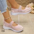 Close-up of pink Mary Jane mesh sneakers showing 4.8cm thick white platform sole. - 36 / Pink