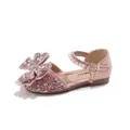 Elegant pink glittery girl sandals with rhinestone bow and pearl strap accents - Size 21 Inner Length 13.5CM / Pink