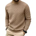 Detail of camel checkerboard jacquard crew neck sweater for men with waffle texture. - S / Tops / Khaki