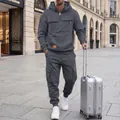 Full view of men's dark grey hooded cargo tracksuit set with multiple utility pockets. - S / Top And Bottom / Gray