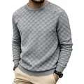 Premium grey checkerboard textured jacquard long sleeve crew neck sweatshirt for men - S / Tops / Light Gray
