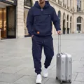 Detailed view of navy blue men's cargo tracksuit with hoodie and matching joggers - S / Top And Bottom / Navy Blue