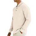 Detailed view of men's beige ribbed long sleeve polo shirt featuring a classic collar - Apricot