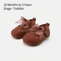 Toddler brown woven princess shoes with soft soles and ribbon bows for baby girls - Size 16/Inner Length 12.5cm / Brown