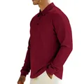Side view of men's burgundy long-sleeve polo shirt with vertical ribbed jacquard texture - Wine Red