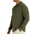 Macro view of olive green long-sleeved ribbed Polo shirt showing pique fabric texture - Army Green