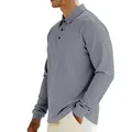 Detailed side view of grey men's long sleeve polo shirt featuring vertical ribbing - S / Tops / Dark Gray