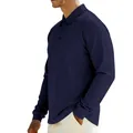 Side view of navy blue men's long-sleeve ribbed polo shirt with textured fabric detail - S / Tops / Navy Blue