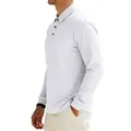 Side profile detail of a men's white ribbed long-sleeve polo shirt with black buttons - S / Tops / White