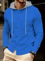Close-up of men's blue waffle knit hoodie featuring button placket and chest pocket detail. - S / Tops / Sapphire Blue
