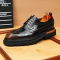 Men's British style wingtip brogue shoes in polished brown leather with thick soles - 37 / Burnished Brown