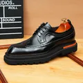 Elegant British style black shiny leather brogue shoes with thick platform sole for men - 37 / Black