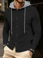 Detailed view of men's black waffle knit hoodie with button front and pocket detail. - S / Tops / Black