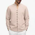 Ethnic style men's stand collar long-sleeve linen shirt with tortoiseshell buttons - S / Tops / Pink