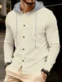 Detailed shot of men's waffle-knit hooded shirt featuring button-down front and pocket - Khaki