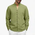Men's olive green long sleeve casual linen-look shirt with mandarin collar and buttons - S / Tops / Army Green
