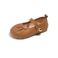 Classic brown leather-style girls Mary Jane shoes with pleated toe and gold button - Size 23 (Inner Length 14.5cm) / Brown