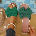 Elegantes sandalias planas verdes para mujer con lazo grande y borde decorado - Verde