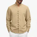 Detail of men's casual stand collar shirt with button-down front in beige - Khaki