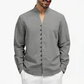Front detail of grey men's ethnic style stand collar shirt with vintage buttons - Iron Grey