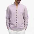 Lavender men's casual stand collar long sleeve shirt with vintage button details - Jade Color