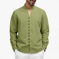 Heren retro olijfgroen shirt met lange mouwen, opstaande kraag en knoopdetails - S / Topje (CW-3) / Legergroen