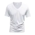 Detailed view of a minimalist white V-neck quick-dry short-sleeve T-shirt for men - S / Tops / White