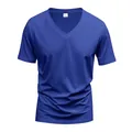 Front detail view of a men's royal blue V-neck quick-dry breathable athletic sports T-shirt - S / Tops / Sapphire Blue