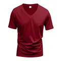 Macro view of men's burgundy V-neck quick-dry athletic T-shirt showing fabric texture - S / Tops / Burgundy
