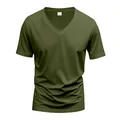 Close-up of olive green men's V-neck quick-dry athletic T-shirt showing fabric texture - Army Green