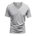 Macro view of a grey men's V-neck quick-dry athletic T-shirt showing fabric texture - Light Gray