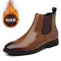 Vintage brown Chelsea boot for men featuring warm fleece lining and elastic side panels - 38 / Brown Fleece Lined