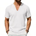 Detailed view of a white linen short sleeve T-shirt with a deep V-neck on a male model. - S / Tops / White